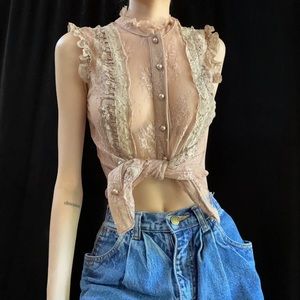 Vintage Y2k Tan Nude Sheer Lace Floral Blouse XS